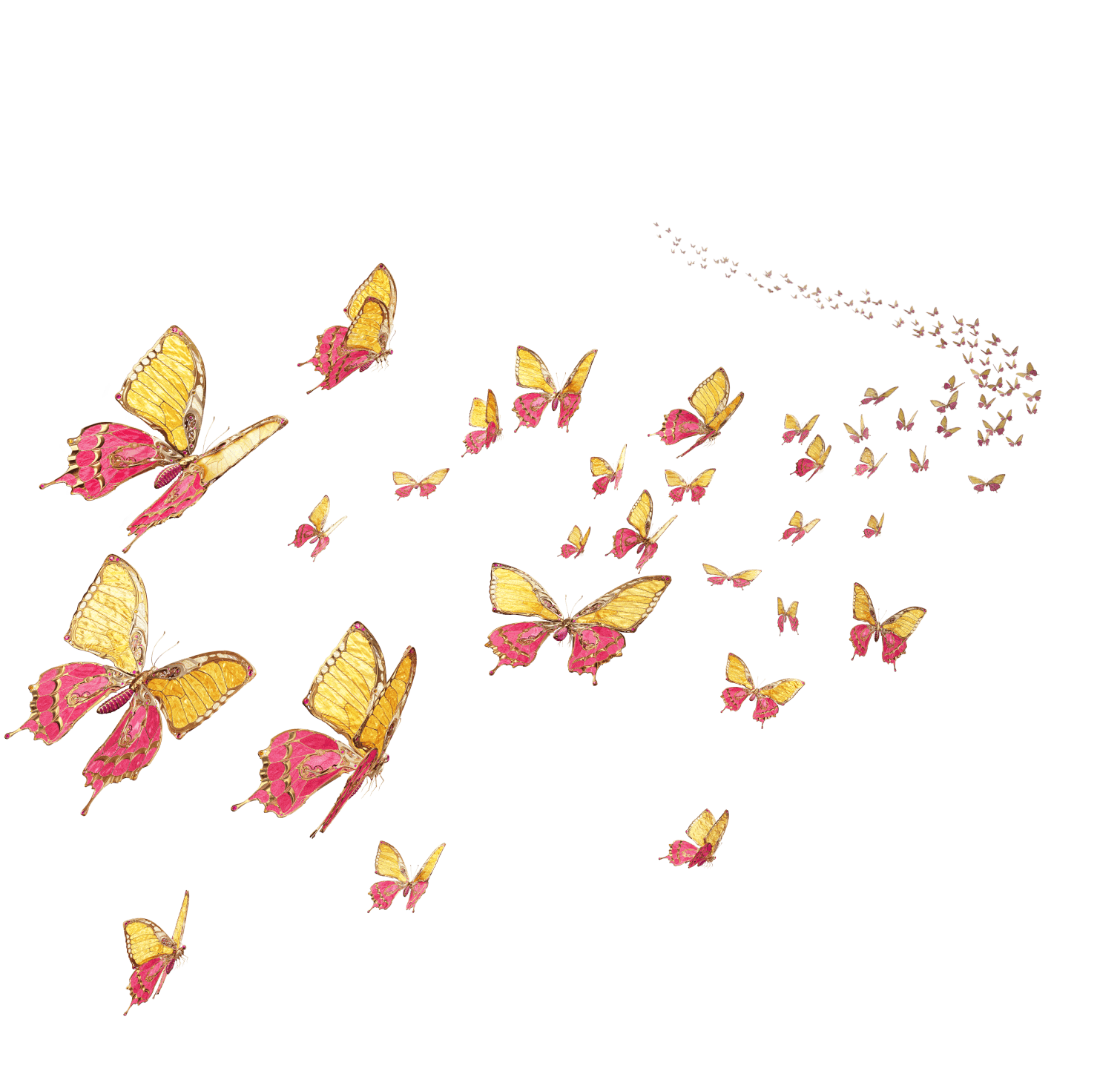 Image of a swarm of engineered mechanical yellow and magenta butterflies