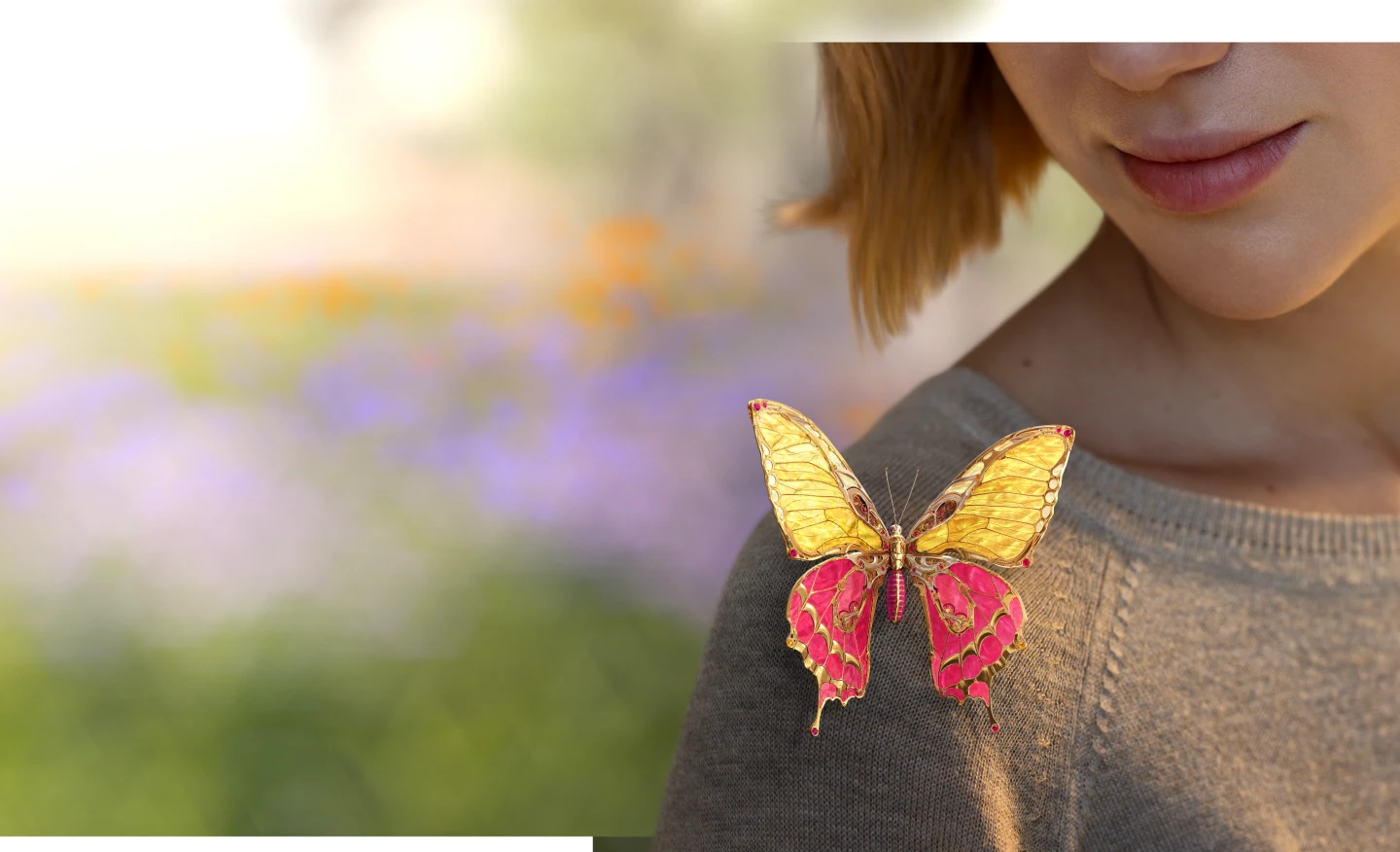 Photo image close-up of adult female's lower face, neck, and shoulders as she looks at the engineered mechanical yellow and magenta butterfly on her shoulder